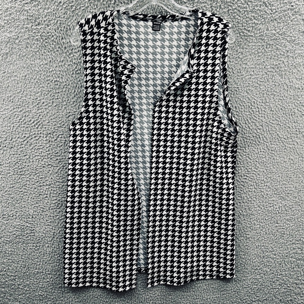 Womens Minimalist Layering Top L Houndstooth Open Front Sleeveless Casual Office